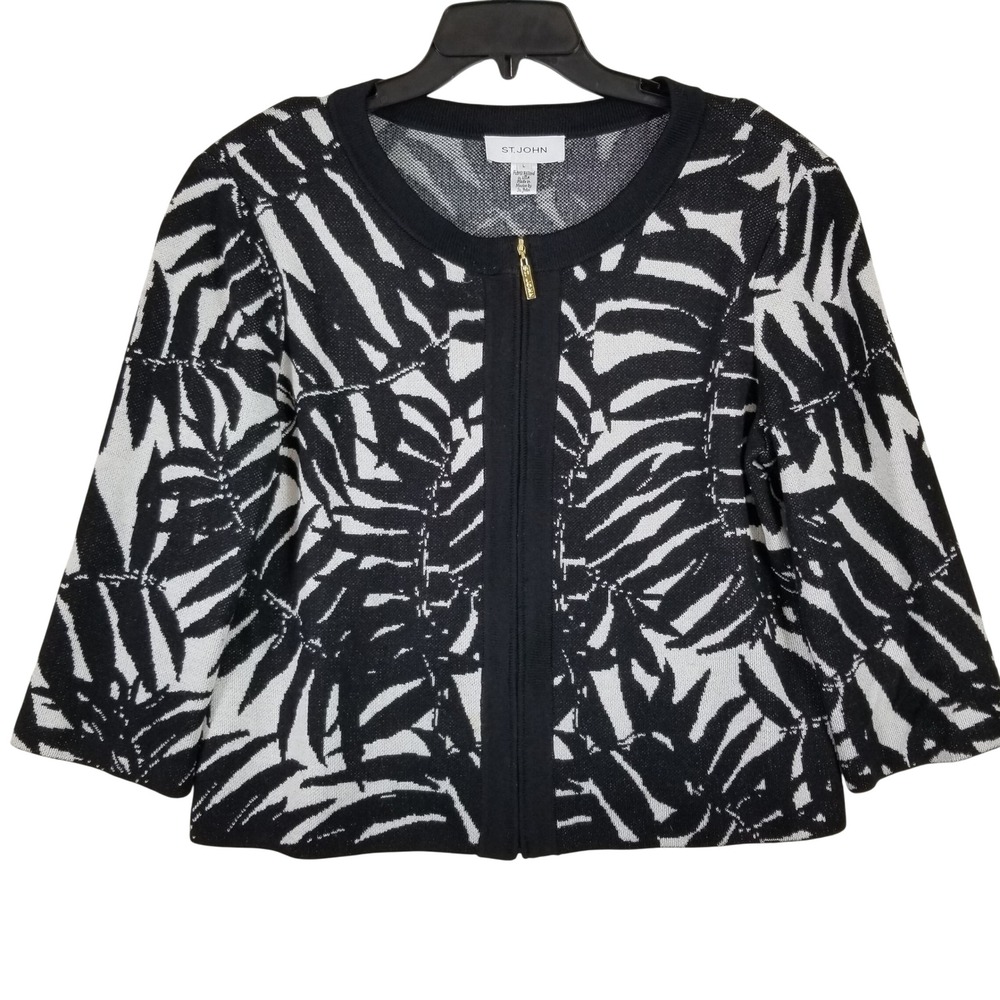 St. John Collection Black White Palm Leaf Knit Zip Front Cardigan Jacket Large